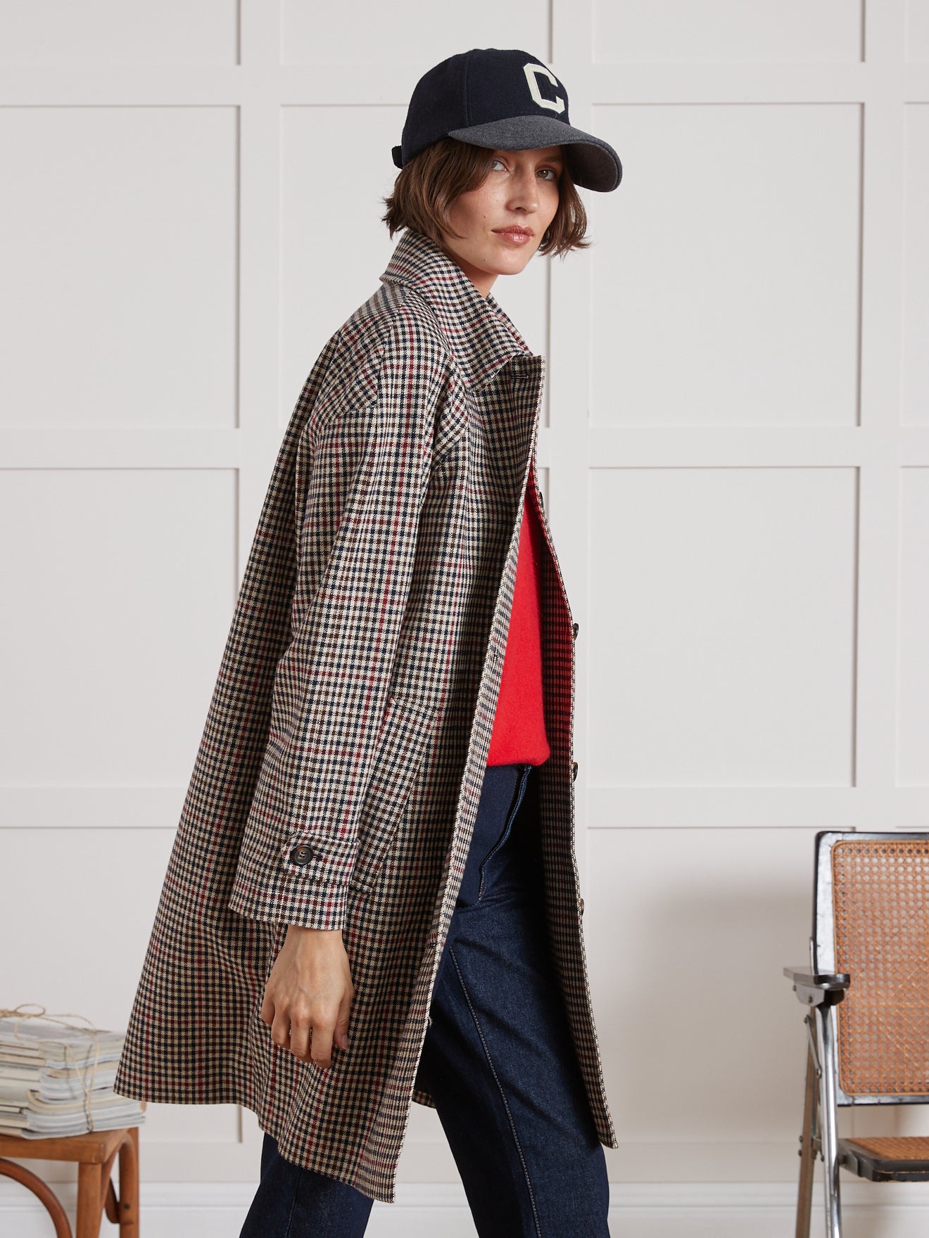 Karierter Damen Car Coat-Mantel aus Twill