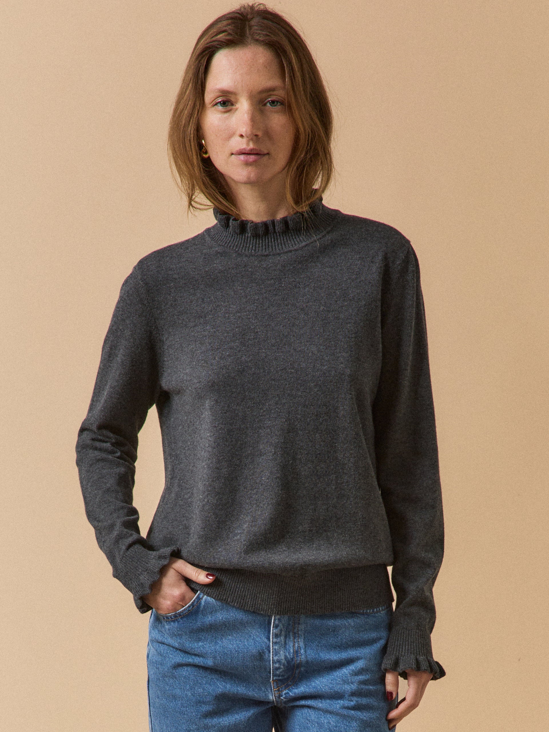 Damenpullover mit Volants aus Bio-Baumwolle und RWS*-Wolle