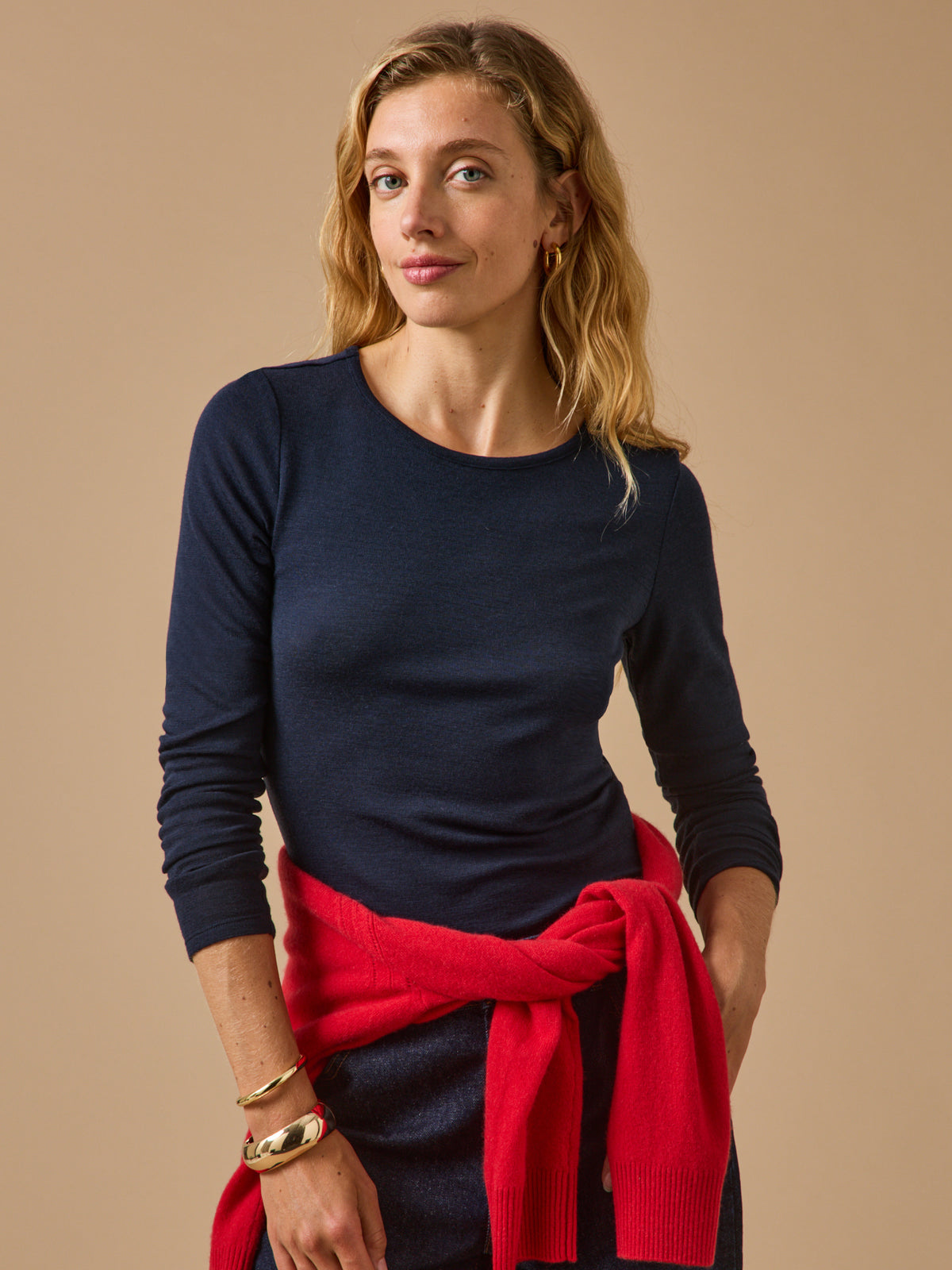 Damen-T-Shirt mit rundem Halsausschnitt aus Woll-Jersey