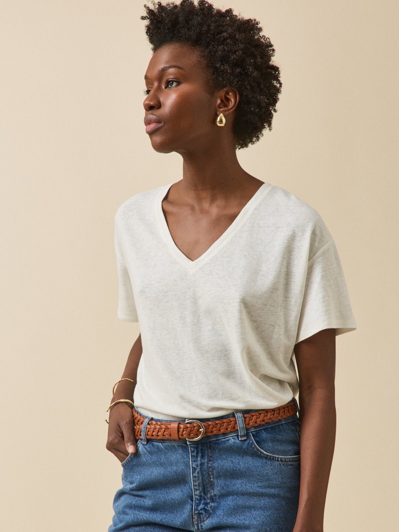 Damenbluse aus Leinen und Viskose mit V-Ausschnitt