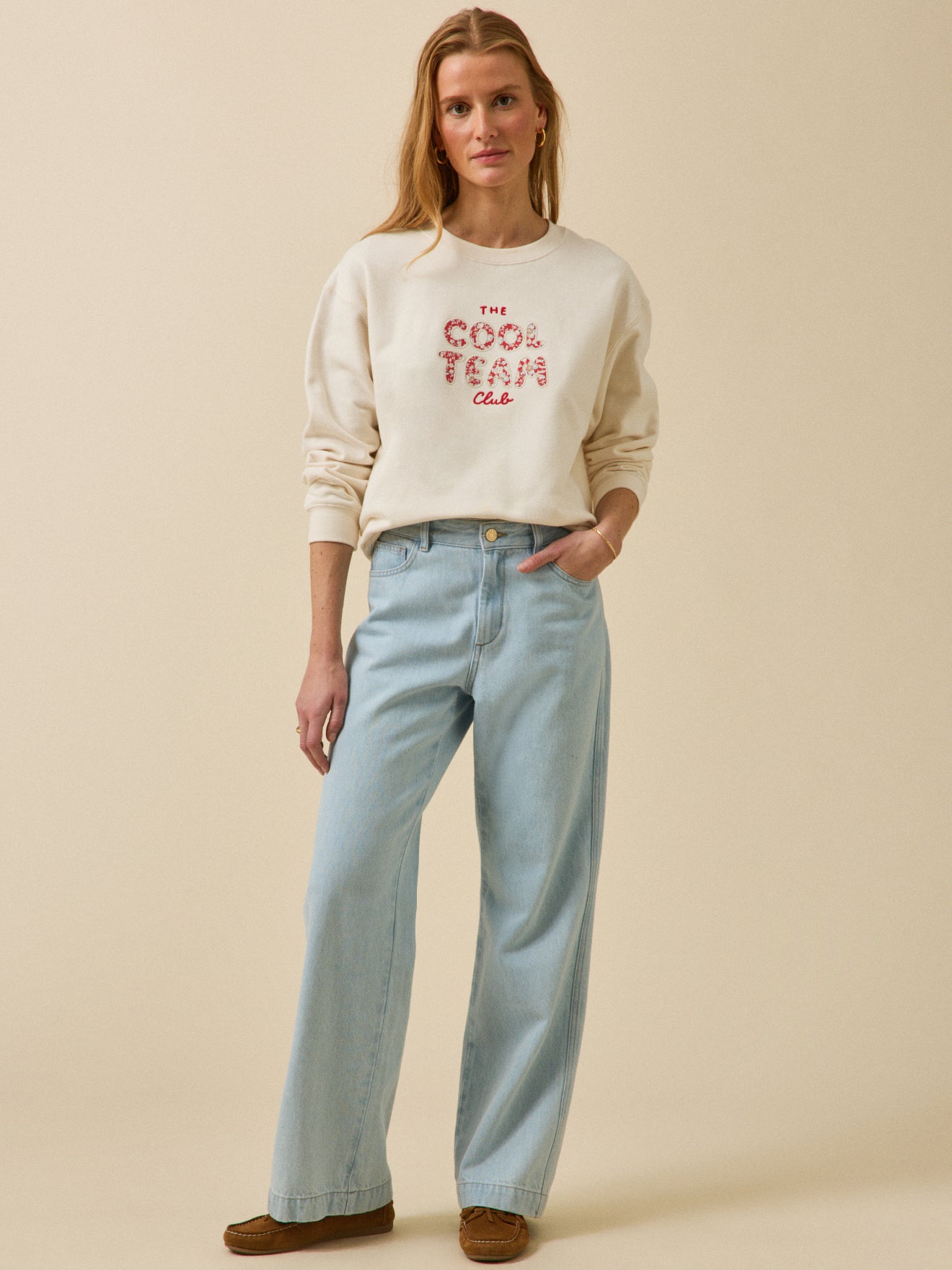Damen-Sweatshirt aus Bio-Baumwolle mit Aufschrift aus Liberty-Stoff