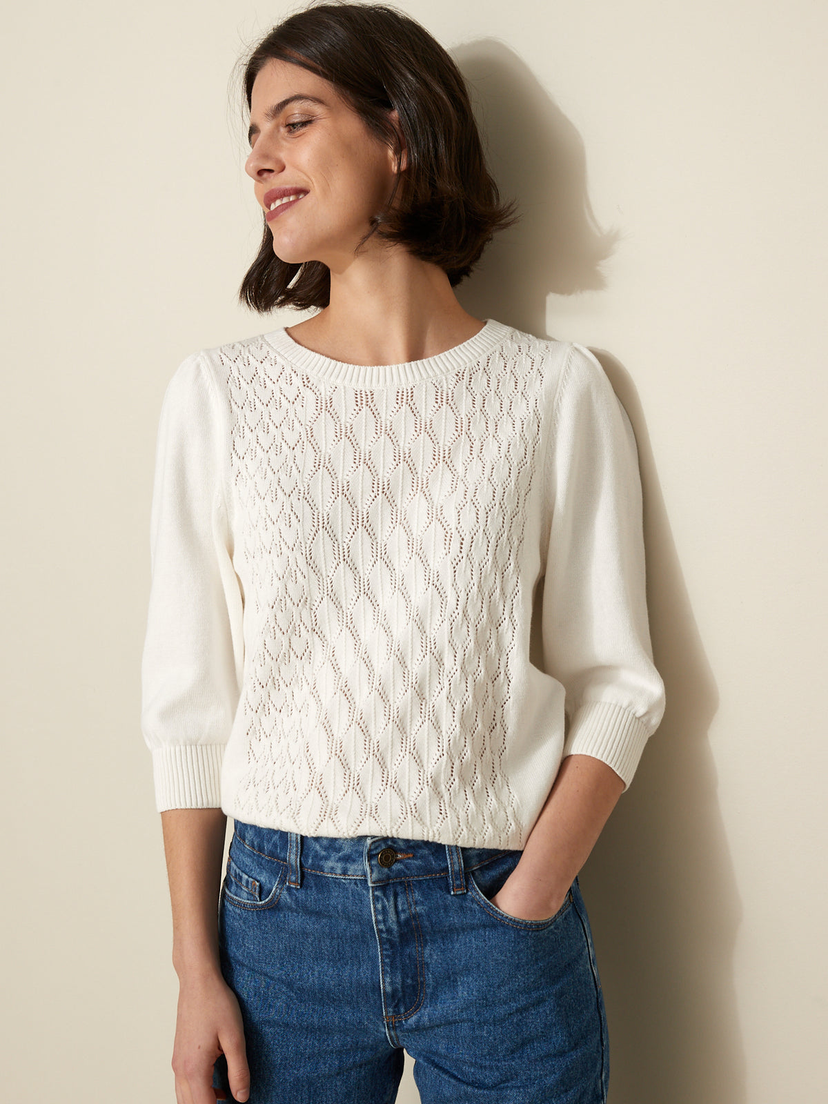 Damenpullover mit Lochmuster - Bio-Baumwolle und Cashmere