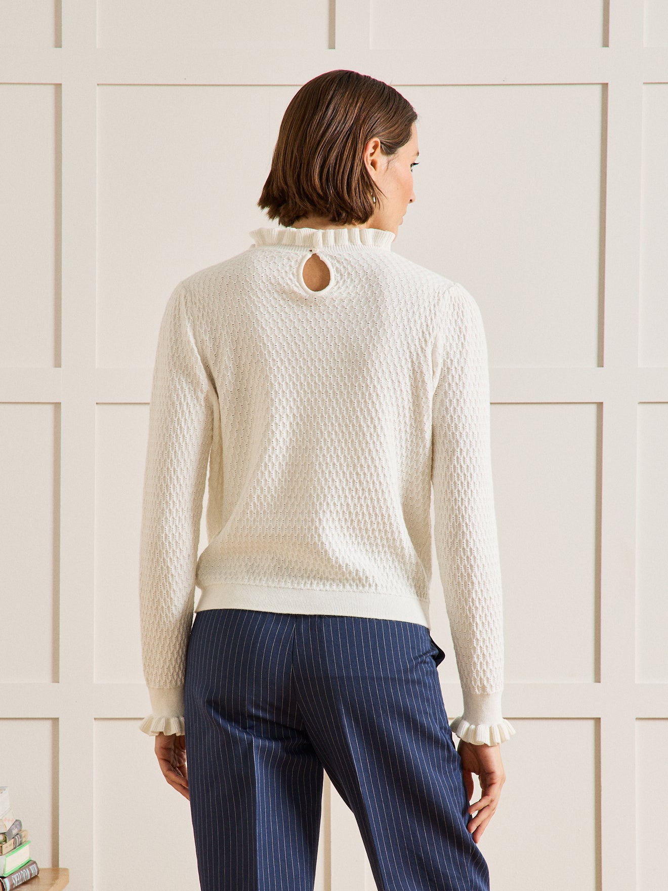 Damenpullover aus Bio-Baumwolle und Cashmere mit Volants