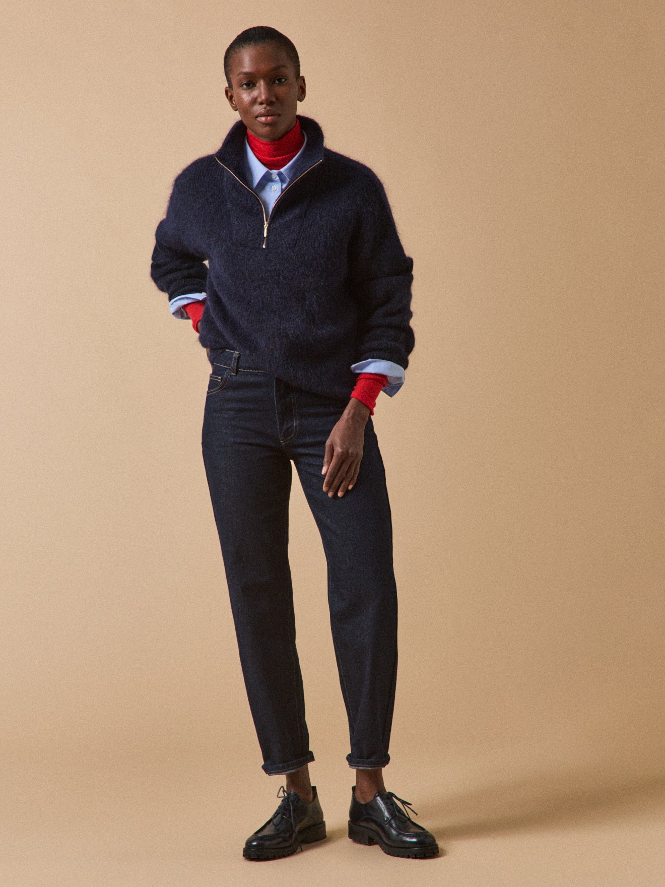 Damenpullover mit Reißverschluss und Wolle und Mohair