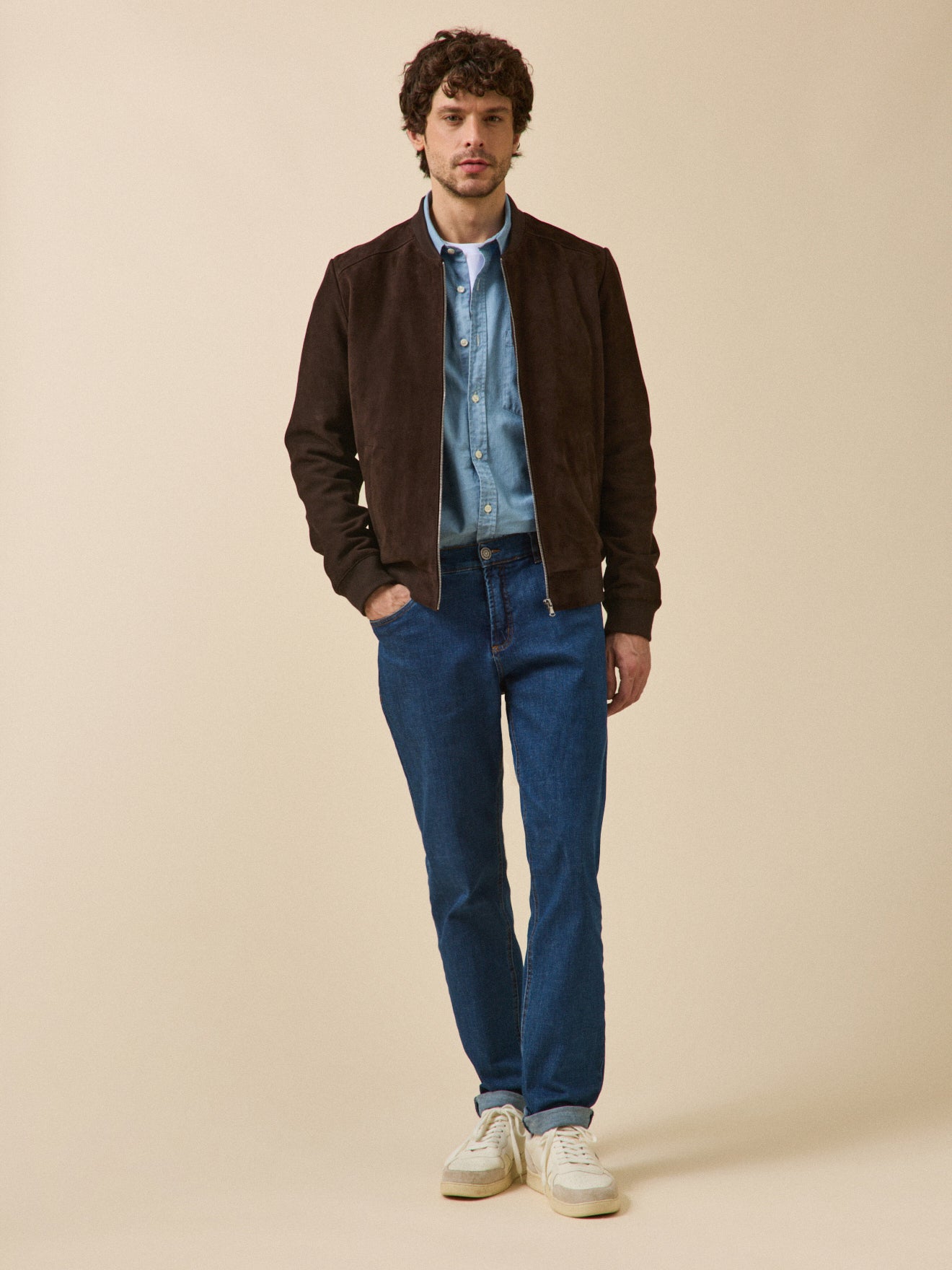 Herrenjacke aus Ziegen-Veloursleder mit Reißverschluss