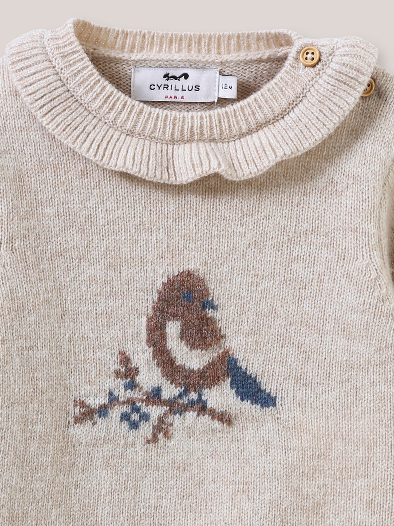 Babypullover mit Vogelmotiv und Rüschenkragen