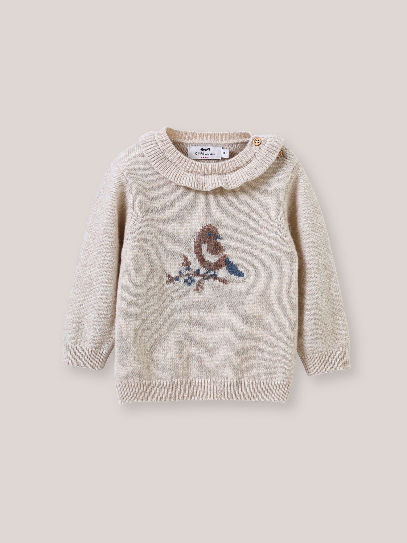 Babypullover mit Vogelmotiv und Rüschenkragen