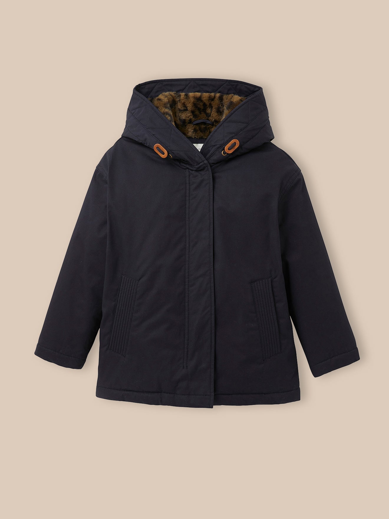 Mädchenparka, kurz, mit Leoprint-Futter
