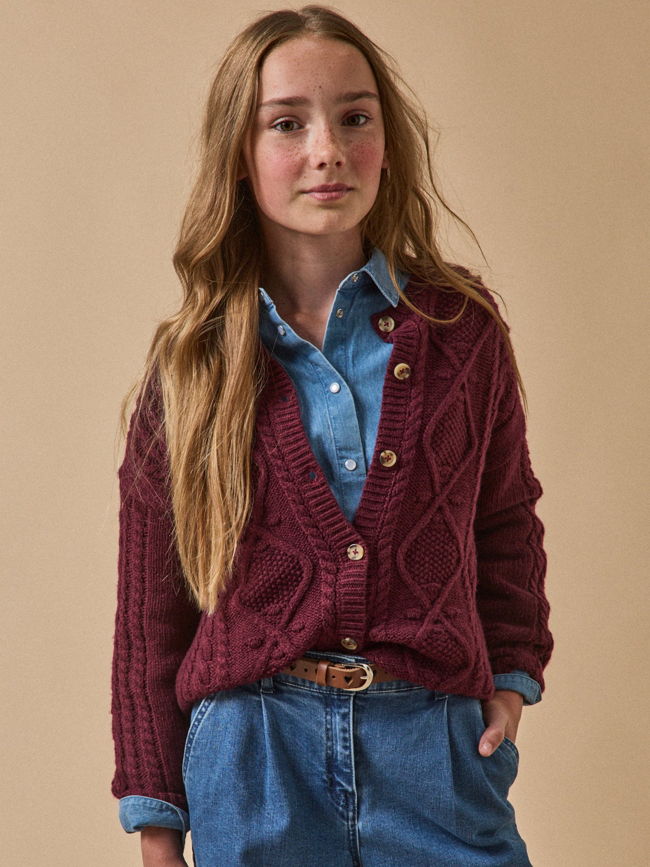 Mädchen-Cardigan, Zopfmuster, RWS-Wolle