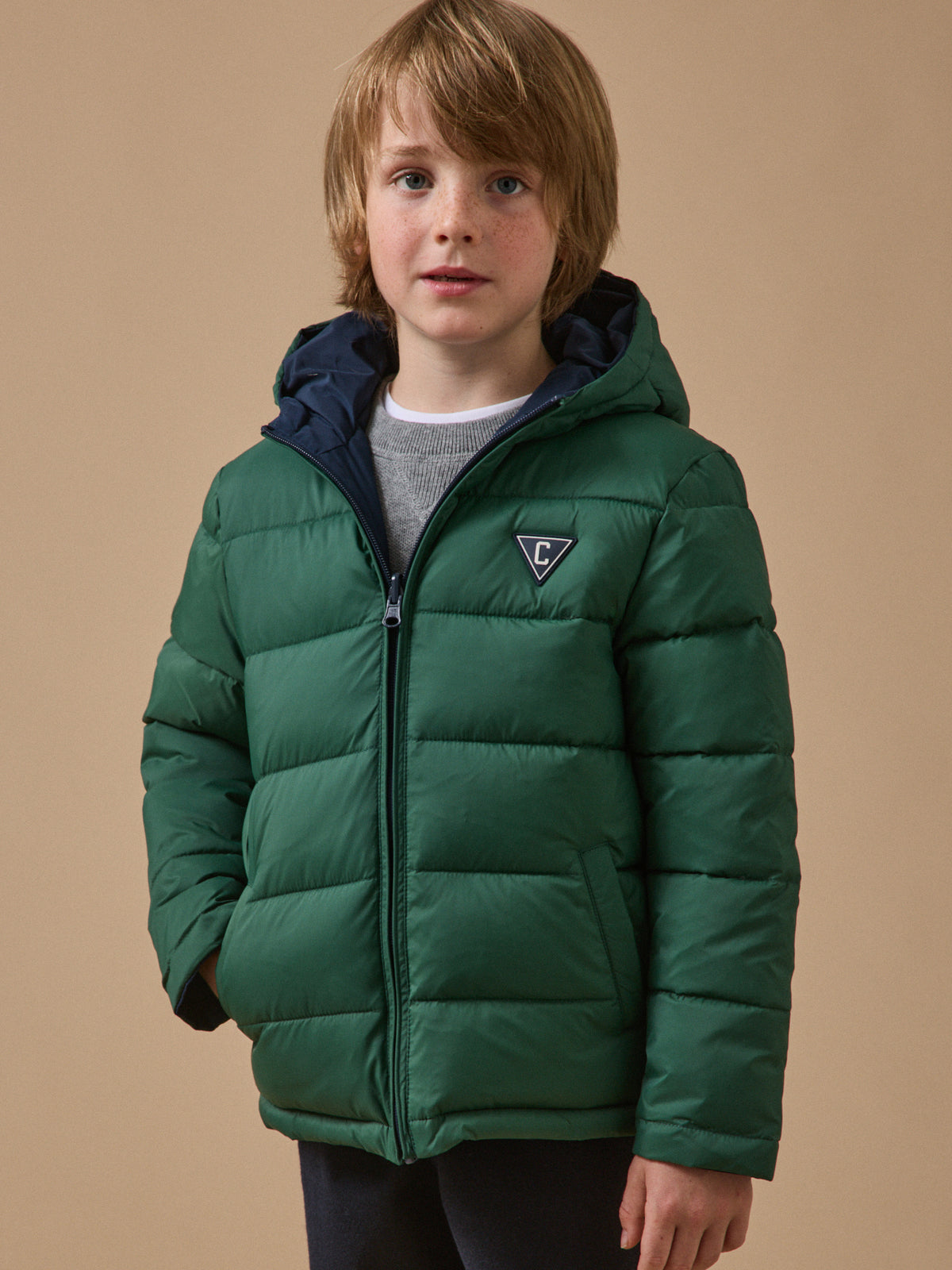 Jungen-Daunenjacke mit Federn und Daunen, wendbar