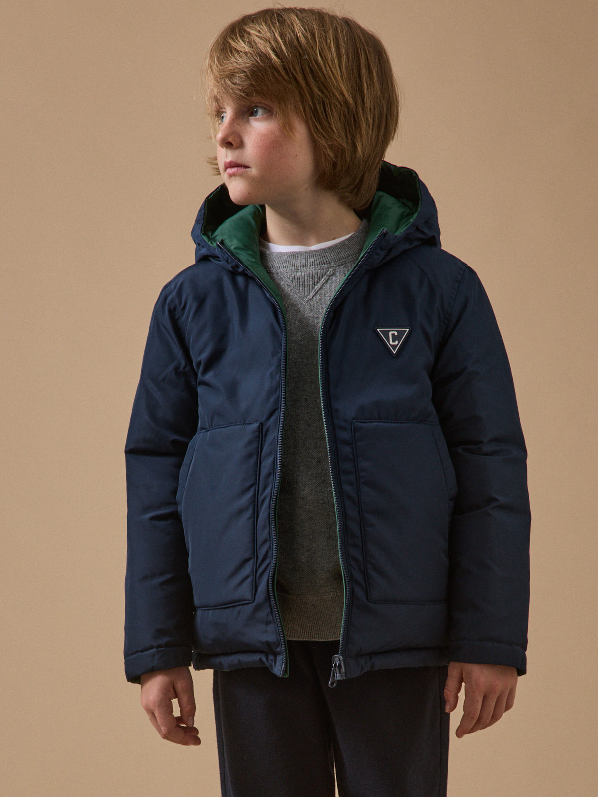 Jungen-Daunenjacke mit Federn und Daunen, wendbar