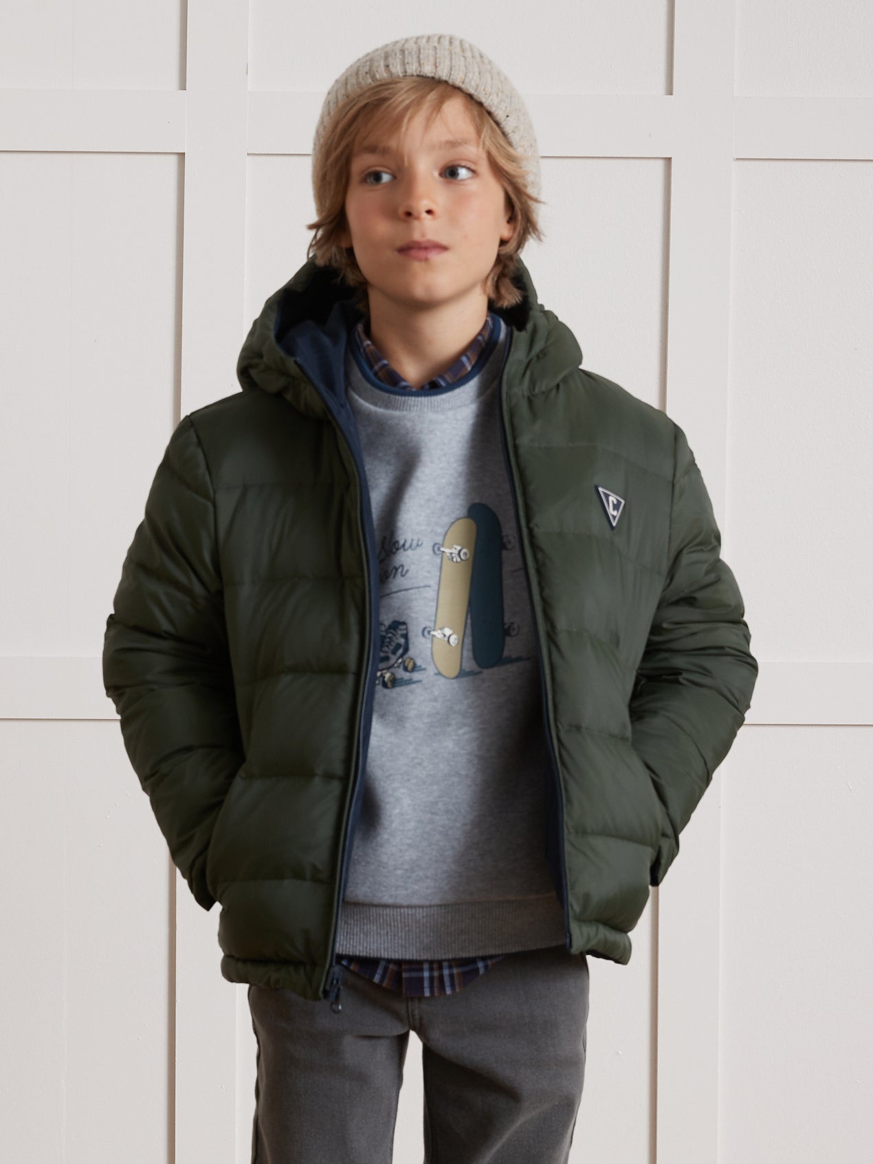 Jungen-Daunenjacke mit Federn und Daunen, wendbar