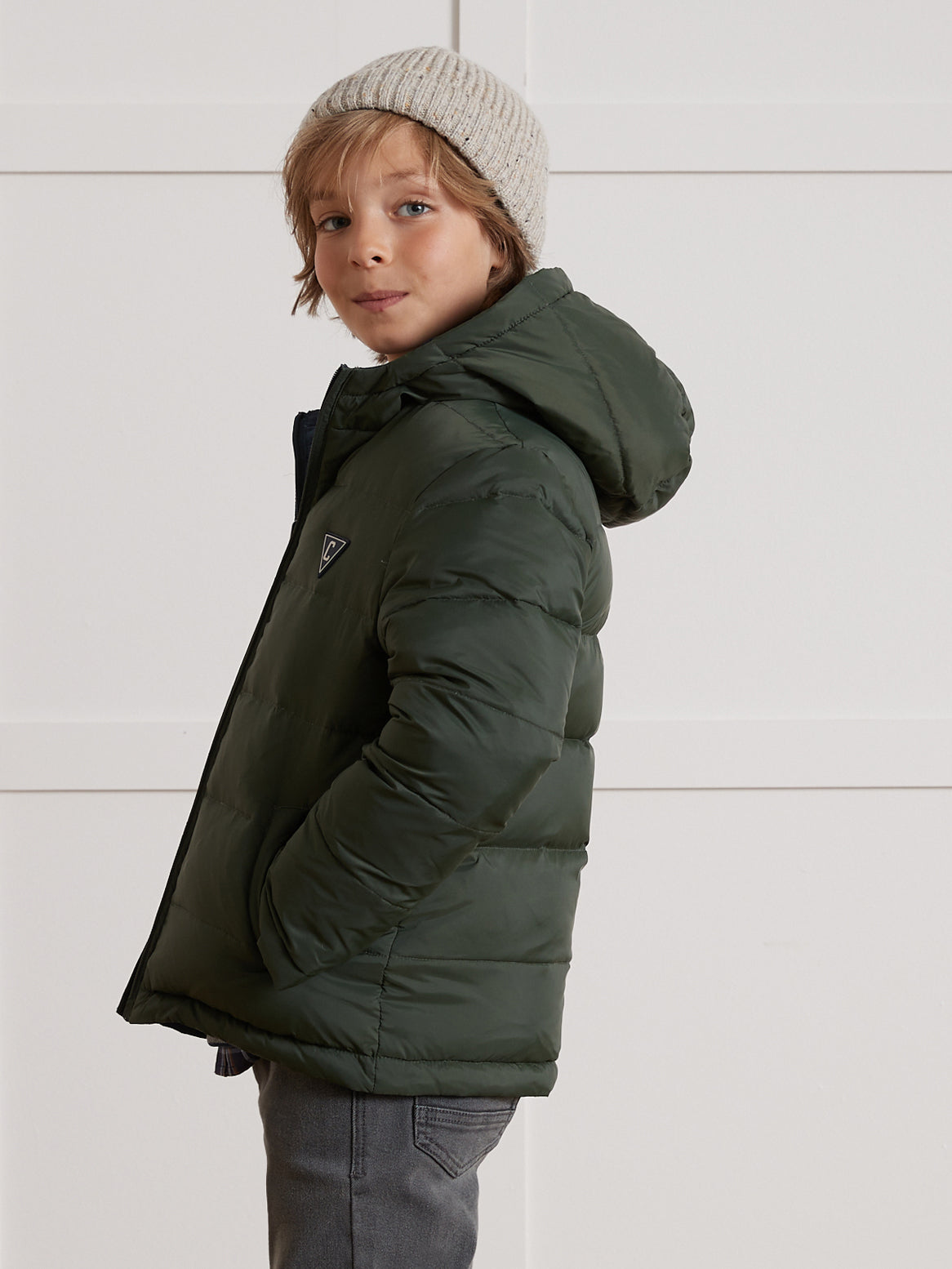 Jungen-Daunenjacke mit Federn und Daunen, wendbar