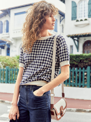 Damen-Boxy-Pullover mit Vichy-Jacquard